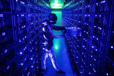 A sprawling solar-powered mining farm, harnessing renewable energy to minimize its environmental impact.